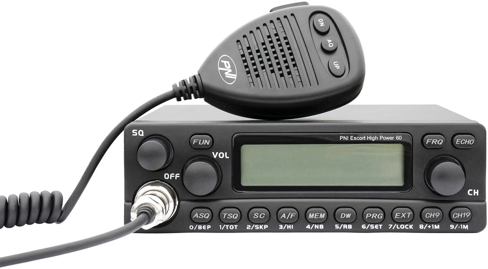 Dėžė su 10 vnt. CB radijo stotelių PNI Escort High Power 60 multistandard, FM/AM, ASQ, RF Gain, 12V