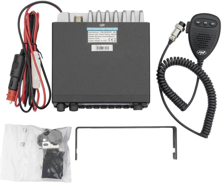 Dėžė su 10 vnt. CB radijo stotelių PNI Escort High Power 60 multistandard, FM/AM, ASQ, RF Gain, 12V