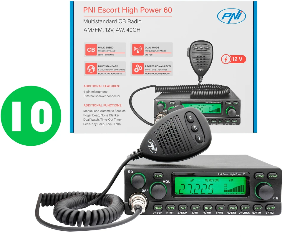 Dėžė su 10 vnt. CB radijo stotelių PNI Escort High Power 60 multistandard, FM/AM, ASQ, RF Gain, 12V