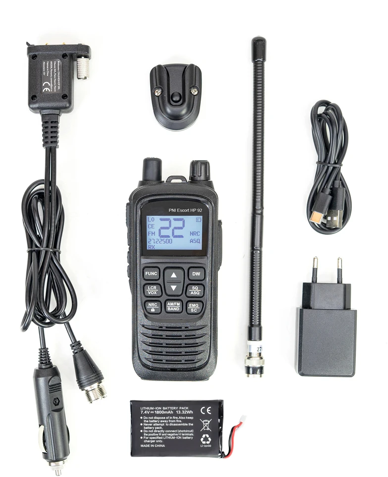 Dėžutė 10 vnt. PNI Escort HP 92 daugiastandartinė nešiojama CB radijo stotelė, 4W, AM-FM, NRC, Dual Watch, Roger Beep, reguliuojamas ASQ SQ, VOX, 12V-24V