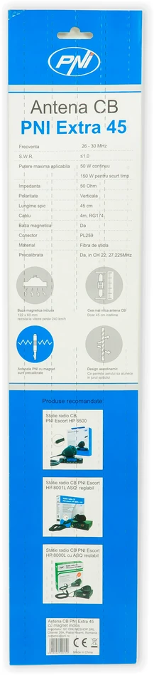 Dėžutė 20 vienetų CB antenų PNI Extra 45, su pridedamu magnetu, ilgis 45 cm, SWR 1.0, 26-30MHz, 150W, stiklo pluoštas
