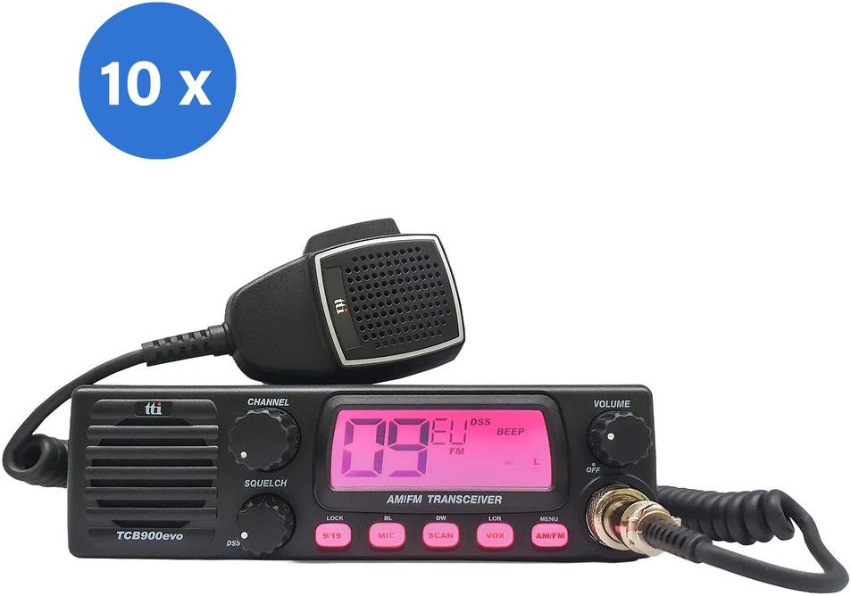 Dėžutė su 10 vienetų CB radijo stotelių TTi TCB-900 EVO, DSS, SQ, „Dual Watch“, mikrofono stiprinimas, 12V-24V, „Bluetooth“ rakto jungtis