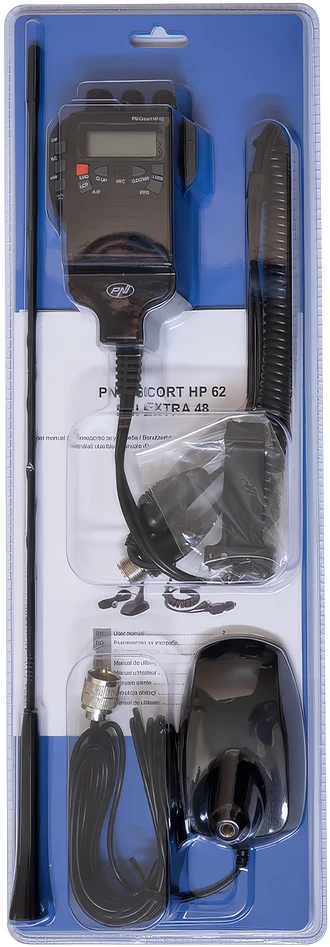 Dėžutė su 10 vienetų CB radijo stoties rinkiniu PNI Escort HP 62 ir PNI Extra 48 antena su magnetu, ASQ, RF stiprinimas