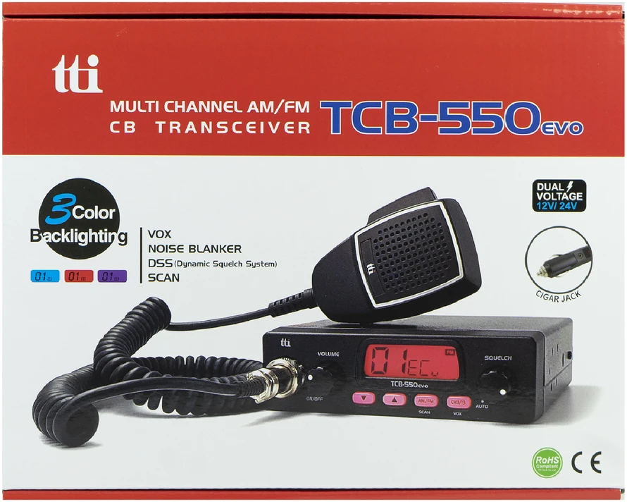 Dėžutė su 10 vienetų CB TTi TCB-550 N radijo stotelių su automatiniu triukšmo slopinimu