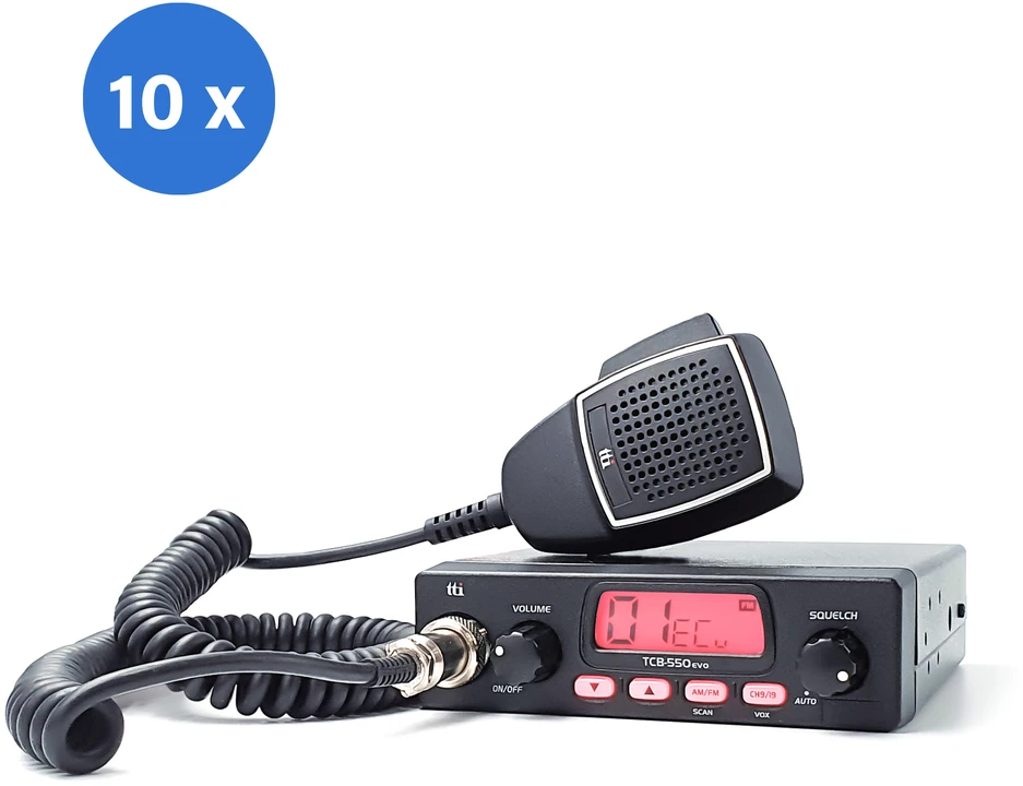 Dėžutė su 10 vienetų CB TTi TCB-550 N radijo stotelių su automatiniu triukšmo slopinimu