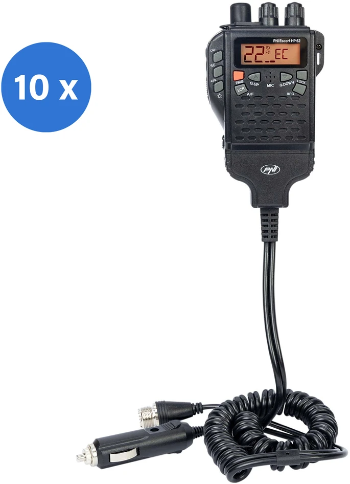 Dėžutė su 10 vienetų nešiojamų CB radijo stotelių PNI Escort HP 62, daugiastandartė, 4W, 12V, AM-FM, 5 lygių reguliuojamas ASQ, 9 lygių RF Gain, Dual Watch, Scan, Lock