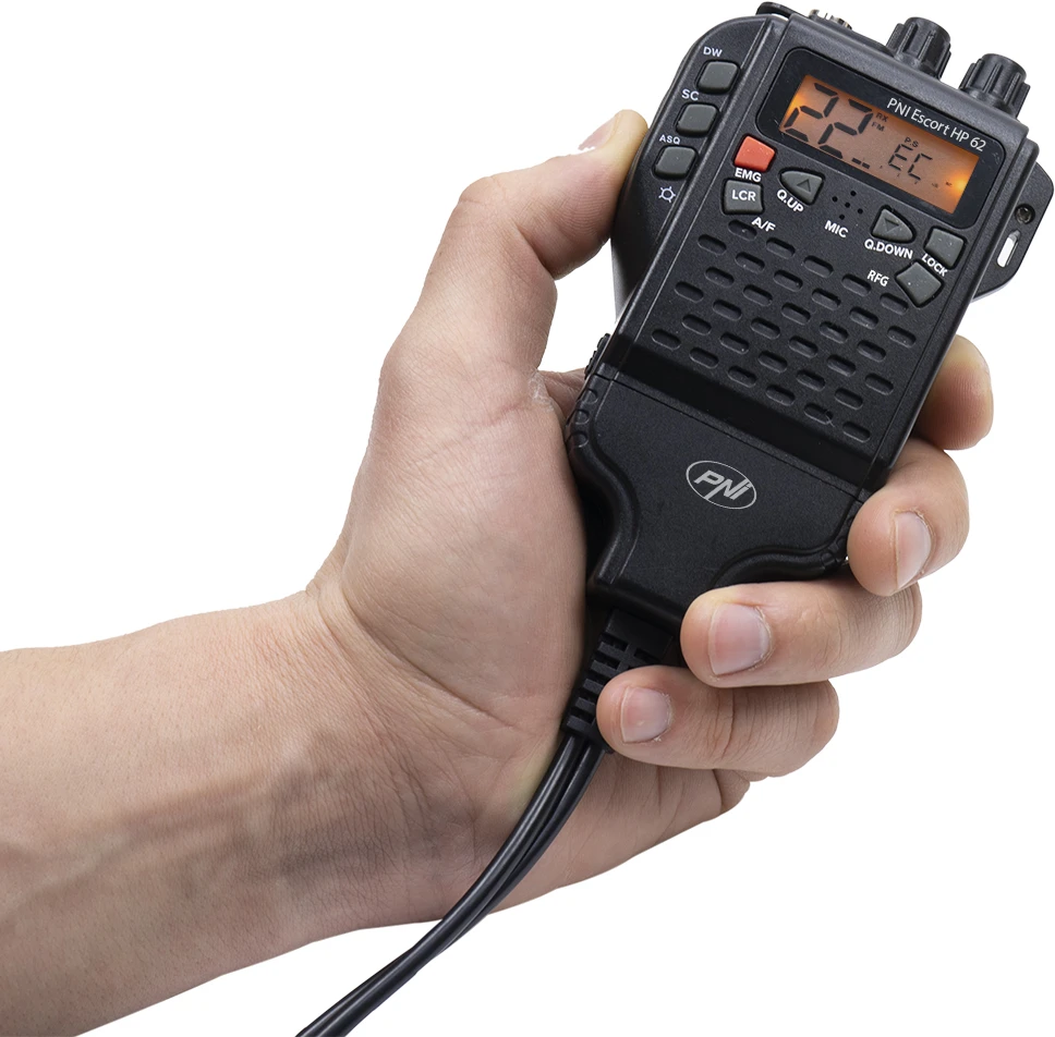 Dėžutė su 10 vienetų nešiojamų CB radijo stotelių PNI Escort HP 62, daugiastandartė, 4W, 12V, AM-FM, 5 lygių reguliuojamas ASQ, 9 lygių RF Gain, Dual Watch, Scan, Lock