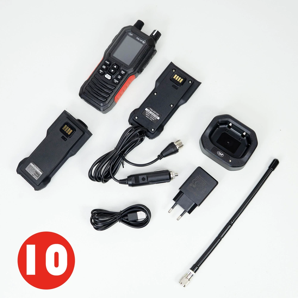 Dėžutė su 10 vnt. nešiojamų CB radijo stotelių PNI Escort HP 102 multi standard, ASQ, 4W, 12V-24V, NRC, Dual Watch, Roger Beep