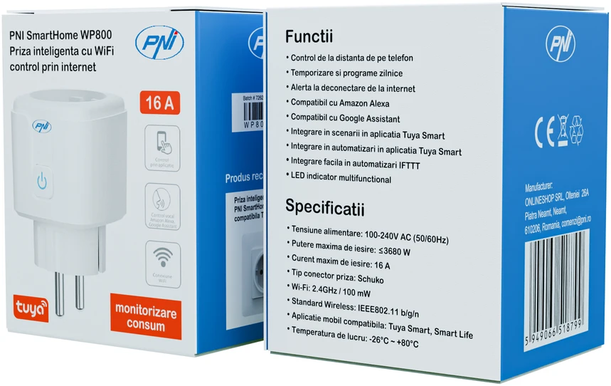 Dėžutė su 100 vienetų išmaniųjų kištukinių lizdų PNI SmartHome WP800 WiFi internetinis valdymas, „Tuya Smart App“, suderinamas su „Amazon Alexa“ ir „Google Home“, matuoja energijos suvartojimą