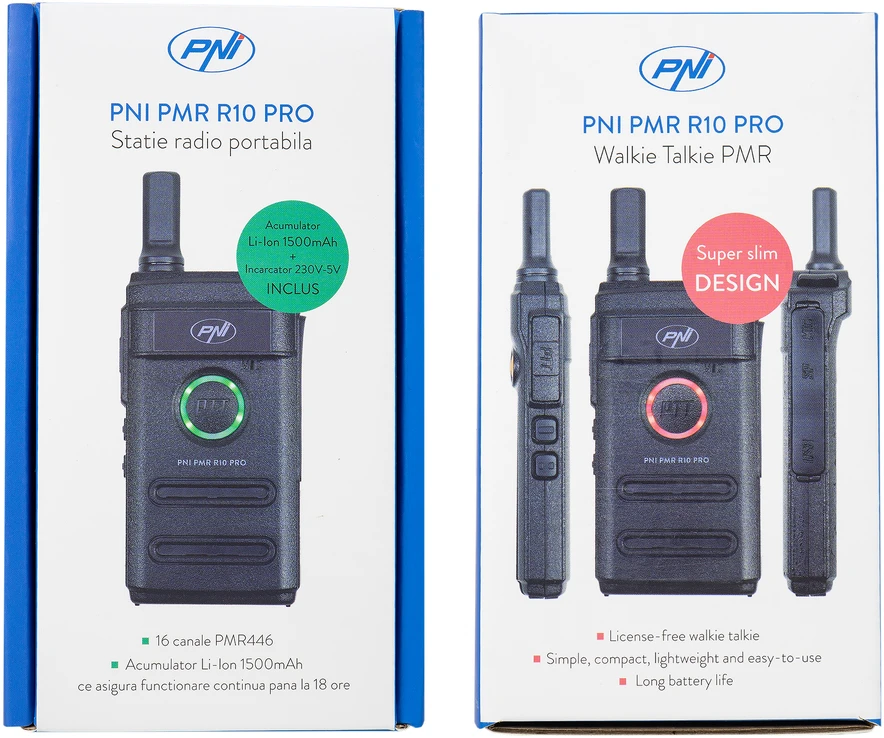 Dėžutė su 100 vienetų nešiojamų radijo stotelių PNI PMR R10 PRO, 446MHz, 0.5W, 16 programuojamų kanalų, 16 PMR ir 50 CTCSS bei 104 DCS tonų, monitorius, nuskaitymas