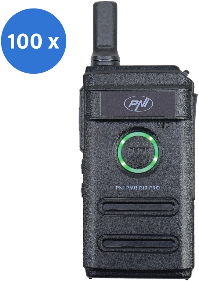 Dėžutė su 100 vienetų nešiojamų radijo stotelių PNI PMR R10 PRO, 446MHz, 0.5W, 16 programuojamų kanalų, 16 PMR ir 50 CTCSS bei 104 DCS tonų, monitorius, nuskaitymas