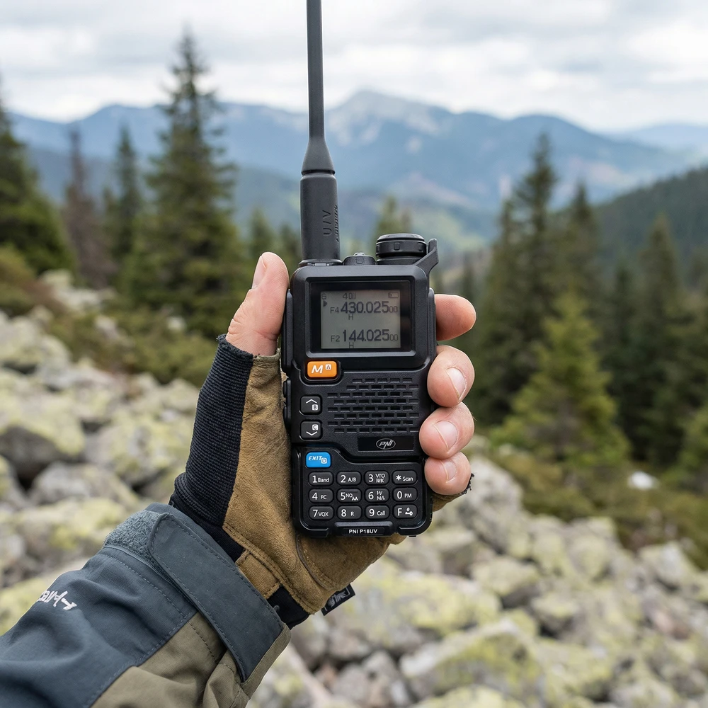 Dėžutė su 20 vienetų nešiojamų VHF/UHF radijo stotelių PNI P18UV, dviejų dažnių, 144-146MHz ir 430-440MHz, 200 kanalų, VOX, nuskaitymas, FM radijas, Li-Ion 2200 mAh