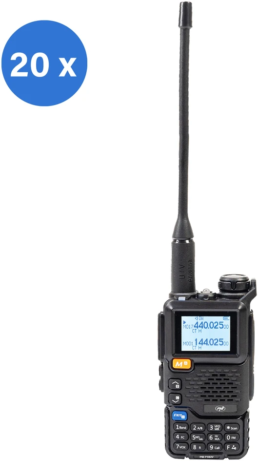 Dėžutė su 20 vienetų nešiojamų VHF/UHF radijo stotelių PNI P18UV, dviejų dažnių, 144-146MHz ir 430-440MHz, 200 kanalų, VOX, nuskaitymas, FM radijas, Li-Ion 2200 mAh
