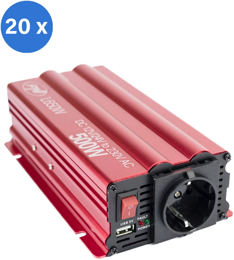 Dėžutė su 20 vienetų PNI L650W įtampos keitiklių, dvigubas maitinimo šaltinis 12V/24V, 230V išėjimas, 500W, modifikuota sinusinė banga, 5V 500mAh USB jungtis, su pridedamais maitinimo gnybtais ir cigarečių degiklio kištuku