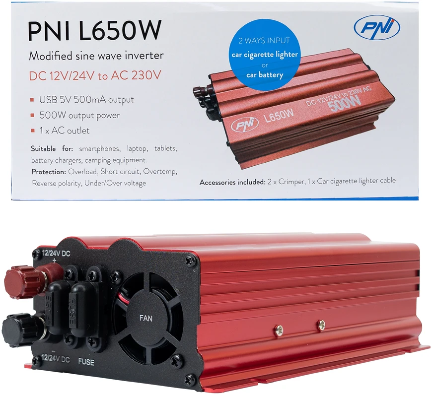 Dėžutė su 20 vienetų PNI L650W įtampos keitiklių, dvigubas maitinimo šaltinis 12V/24V, 230V išėjimas, 500W, modifikuota sinusinė banga, 5V 500mAh USB jungtis, su pridedamais maitinimo gnybtais ir cigarečių degiklio kištuku