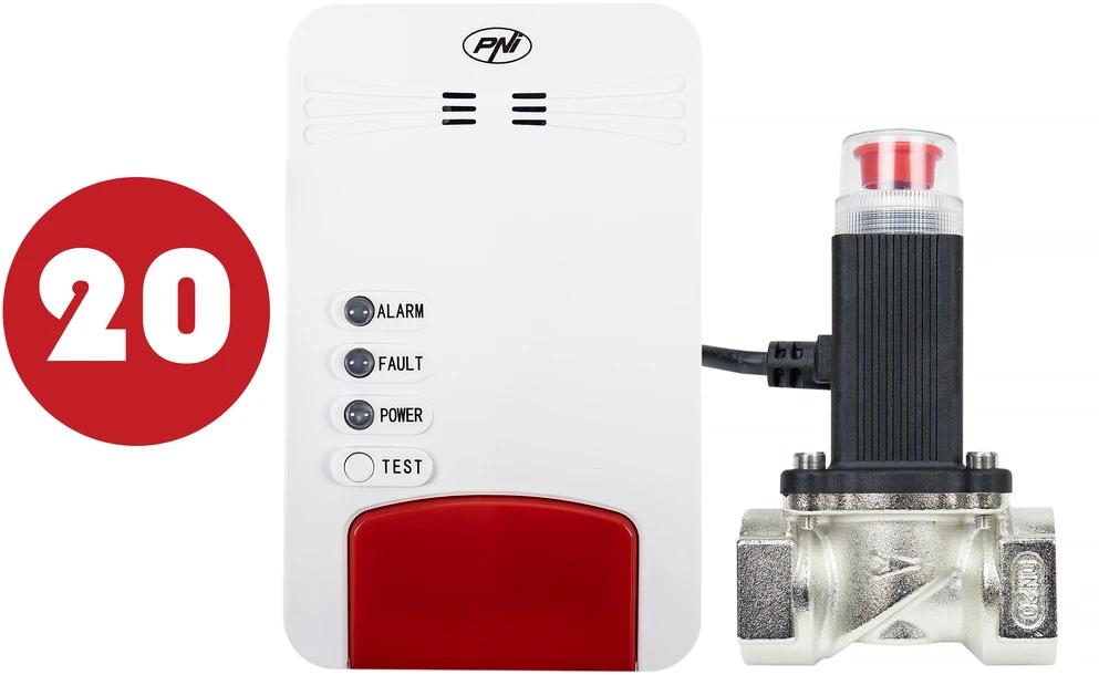 Dėžutė su 20bc PNI Safe House Dual Gas 250 rinkiniu su jutikliais 2 tipų dujoms: anglies monoksidui (CO) ir gamtinėms dujoms bei 3/4 colio elektromagnetiniu vožtuvu