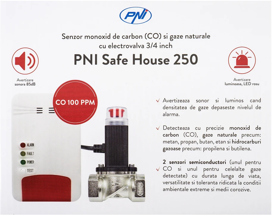 Dėžutė su 20bc PNI Safe House Dual Gas 250 rinkiniu su jutikliais 2 tipų dujoms: anglies monoksidui (CO) ir gamtinėms dujoms bei 3/4 colio elektromagnetiniu vožtuvu