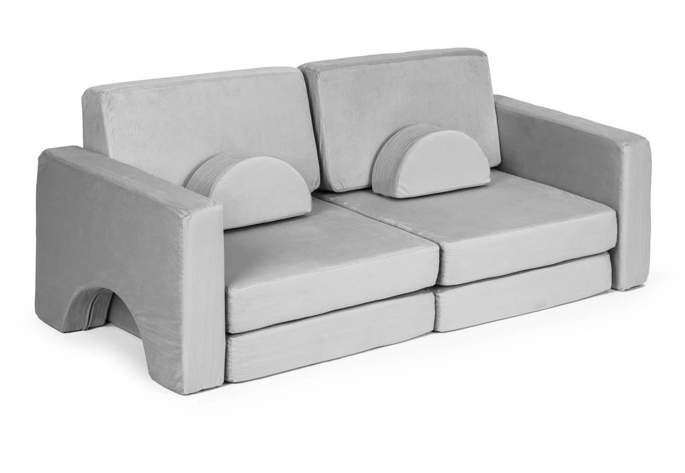 Didelė 2 vietų modulinė sulankstoma sofa vaikams „pasidaryk pats“ su 10 minkštų pagalvių – pilka ECOTOYS