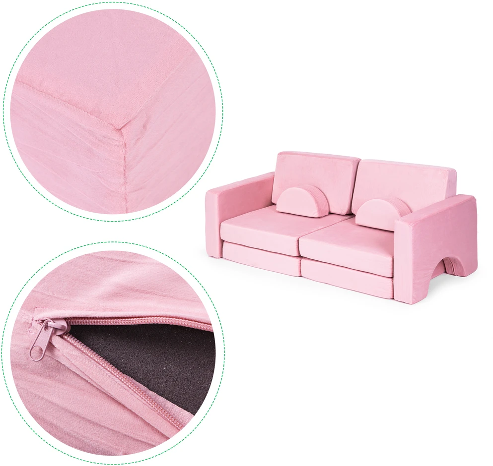 Didelė 2 vietų modulinė sulankstoma sofa vaikams „pasidaryk pats“ su 10 minkštų pagalvėlių – rožinė ECOTOYS