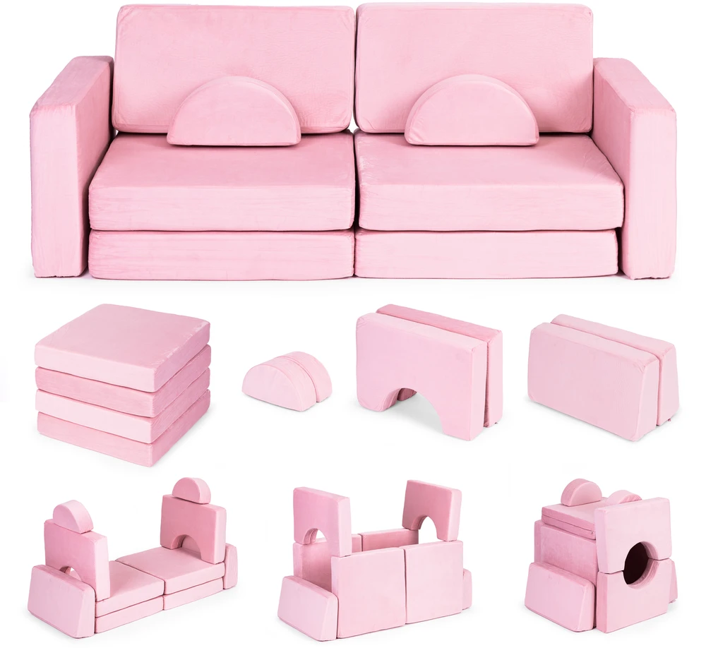 Didelė 2 vietų modulinė sulankstoma sofa vaikams „pasidaryk pats“ su 10 minkštų pagalvėlių – rožinė ECOTOYS