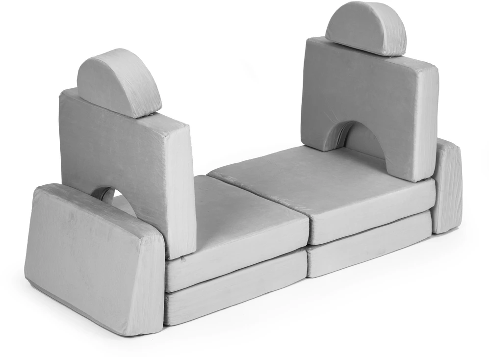Didelė 2 vietų modulinė sulankstoma sofa vaikams „pasidaryk pats“ su 10 minkštų pagalvių – pilka ECOTOYS