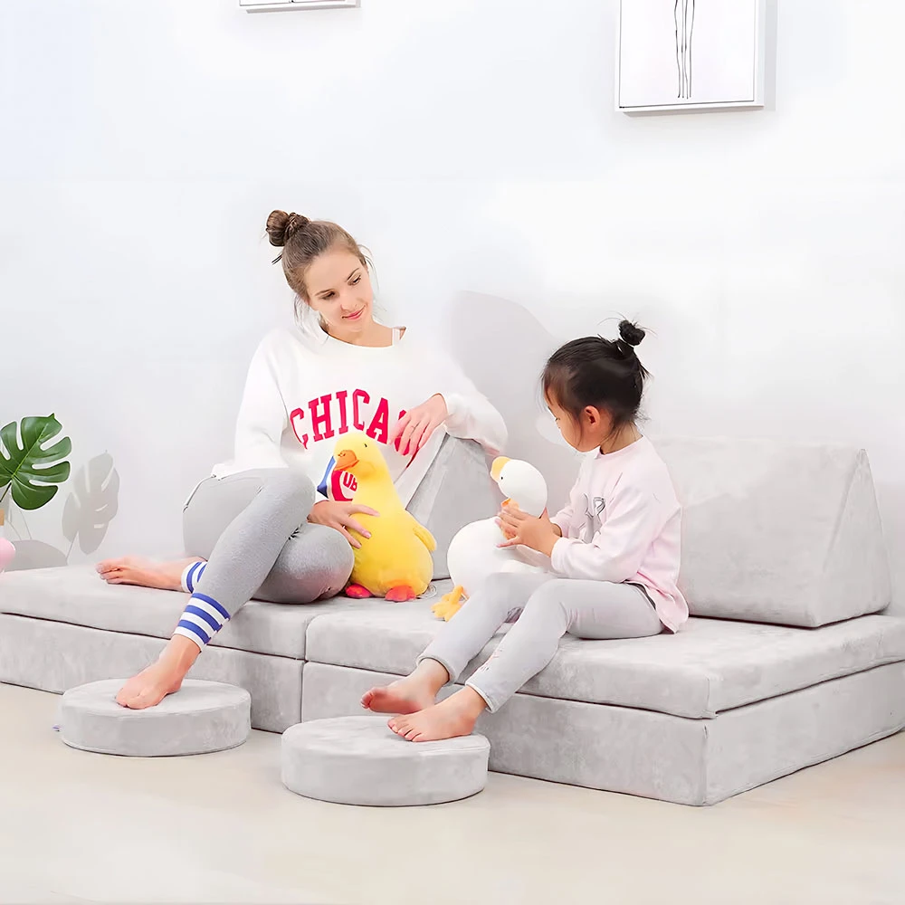 Didelė 2 vietų modulinė sulankstoma sofa vaikams „pasidaryk pats“ su 10 minkštų pagalvių – pilka ECOTOYS