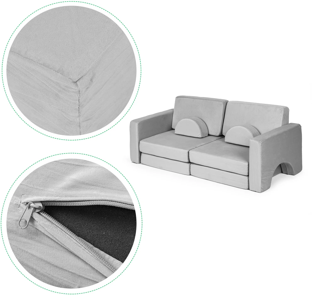 Didelė 2 vietų modulinė sulankstoma sofa vaikams „pasidaryk pats“ su 10 minkštų pagalvių – pilka ECOTOYS