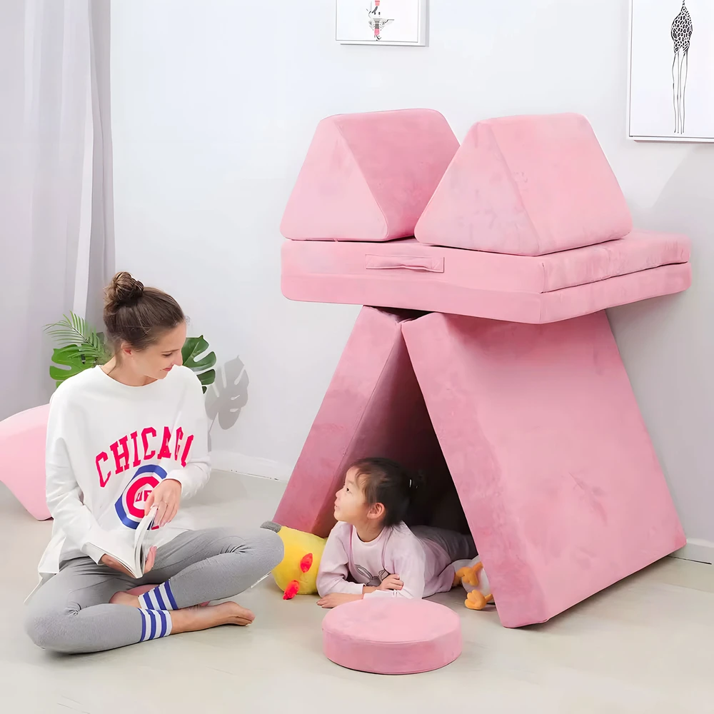 Didelė sulankstoma modulinė sofa vaikams „pasidaryk pats“, 8 minkštos pagalvės – rožinė ECOTOYS