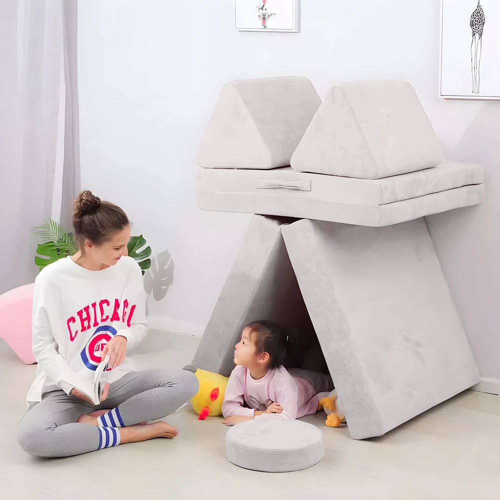 Didelė sulankstoma modulinė sofa vaikams „pasidaryk pats“, 8 minkštos pagalvės – pilka ECOTOYS