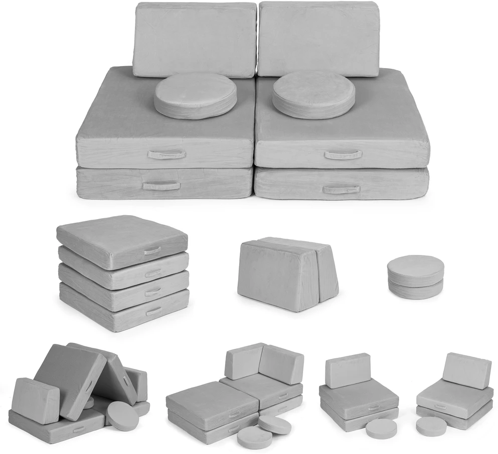 Didelė sulankstoma modulinė sofa vaikams „pasidaryk pats“, 8 minkštos pagalvės – pilka ECOTOYS