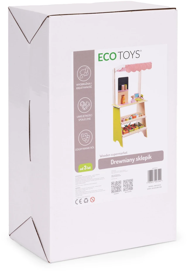 Didelis medinis turgelio prekystalis vaikams, parduotuvė su terminalu ir svarstyklėmis, vaisiai, daržovės, 20 dalių ECOTOYS