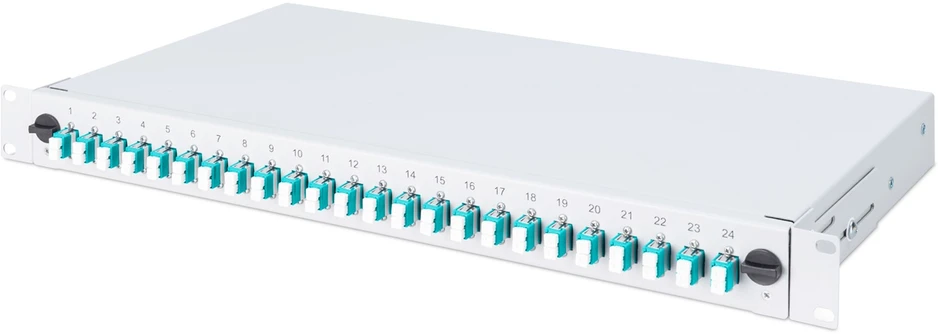 Assmann Electronic DIGITUS šviesolaidinis stumdomas sujungimo dėžė 1U Įrengtas 24x LC dupleksas, įskaitant. M 25 Screw Splice Cassette OM3 Color Pigtails Adapteris
