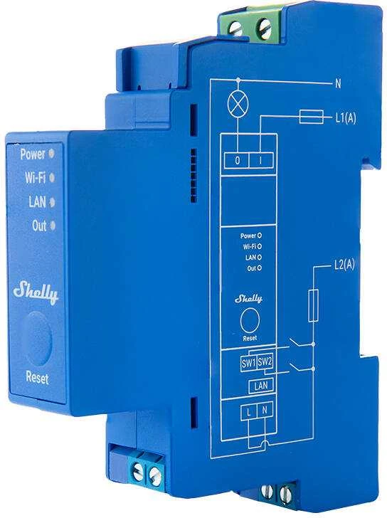 Shelly PRO 1 išmanioji 1 kanalo relė valdoma Wifi LAN ar Bluetooth montuojama ant DIN bėgelio