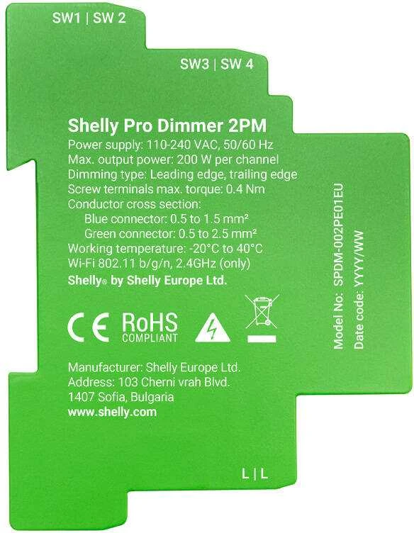 Shelly Pro Dimmer 2PM 2 kanalų pritemdymo modulis