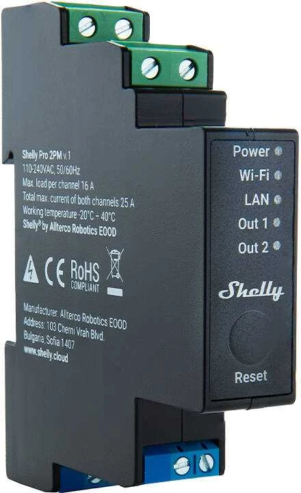 Shelly PRO 2PM išmanioji 2 kanalų relė su elektros sąnaudų matavimu valdoma Wifi LAN Bluetooth montuojama ant DIN bėgelio