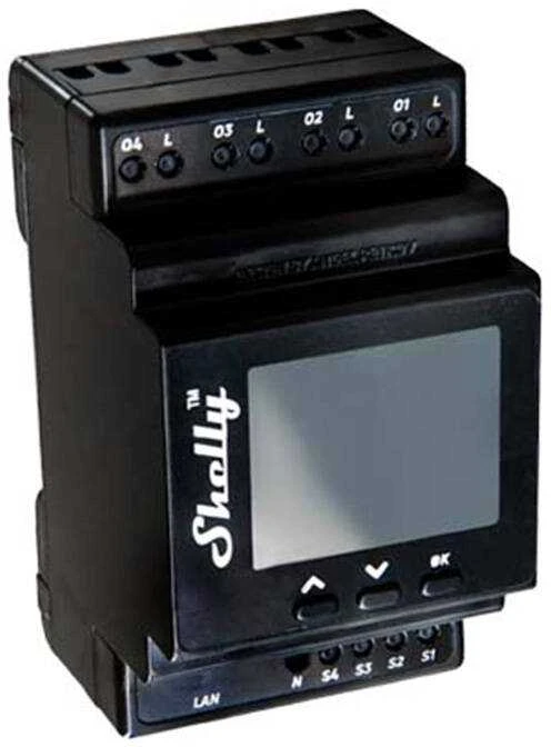 Shelly Pro 4PM 4 kanalų DIN bėgio relė jungiklis su Wi-Fi, LAN ir Bluetooth ryšiu