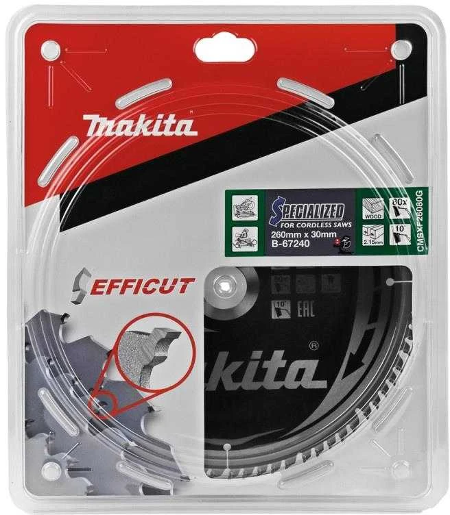 Makita T.C.T. pjūklas EFFICUT 260X2.15X30mm 10° T80 B-67240 T.C.T • 260 x30 mm • T80 • 10° • Medienai