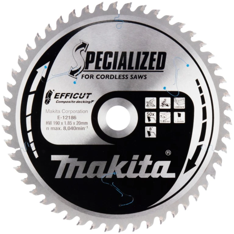 Makita T.C.T. pjūklas 190X1.85X20mm 8° T50 EFFICUT klijuotoms plokštėms E-12186