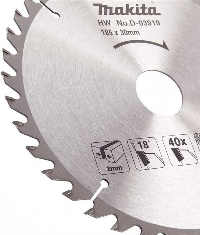 Makita T.C.T. pjūklas 185X2X30mm 18° T40 D-03919 T.C.T • 185 x30 mm • T40 • 18° • Medienai