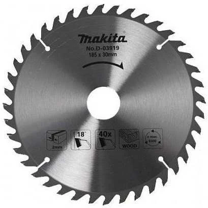 Makita T.C.T. pjūklas 185X2X30mm 18° T40 D-03919 T.C.T • 185 x30 mm • T40 • 18° • Medienai