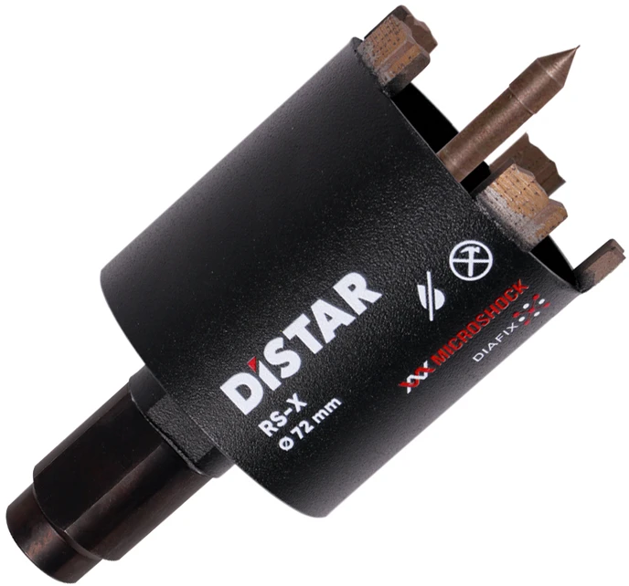 Grąžtas Deimantinė karūna rozetėms gręžti 68 mm, 72 mm, 82 mm RS-X Centrum, Distar su centratoriumi ir adapteriu iš M18 į M16, Karūnos skersmuo, mm: 72 mm