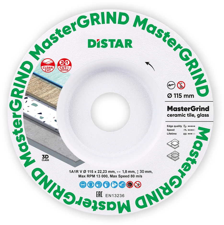 Distar 115 mm MasterGRIND deimantinis diskas stiklo, akmens masės, porcelianinių plytelių pjovimui ir šlifavimui