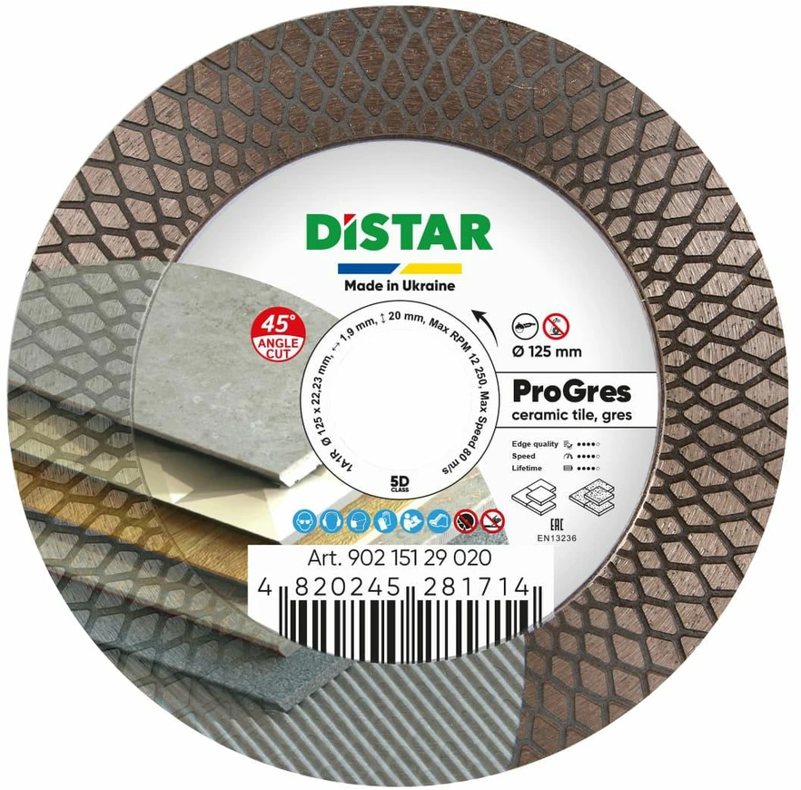 DISTAR PROGRES plytelių 45 laipsnių pjovimo ir šlifavimo diskas plytelėms 125 mm x 22.23 mm