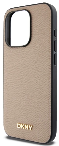 DKNY DKHMP15XPGHLME Apple iPhone 15 Pro Max 6.7″ beige kietas dėklas Grained Metal Logo MagSafe