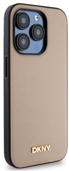 DKNY DKHMP15XPGHLME Apple iPhone 15 Pro Max 6.7″ beige kietas dėklas Grained Metal Logo MagSafe