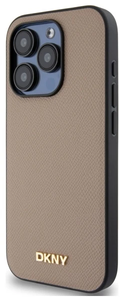 DKNY DKHMP15XPGHLME Apple iPhone 15 Pro Max 6.7″ beige kietas dėklas Grained Metal Logo MagSafe