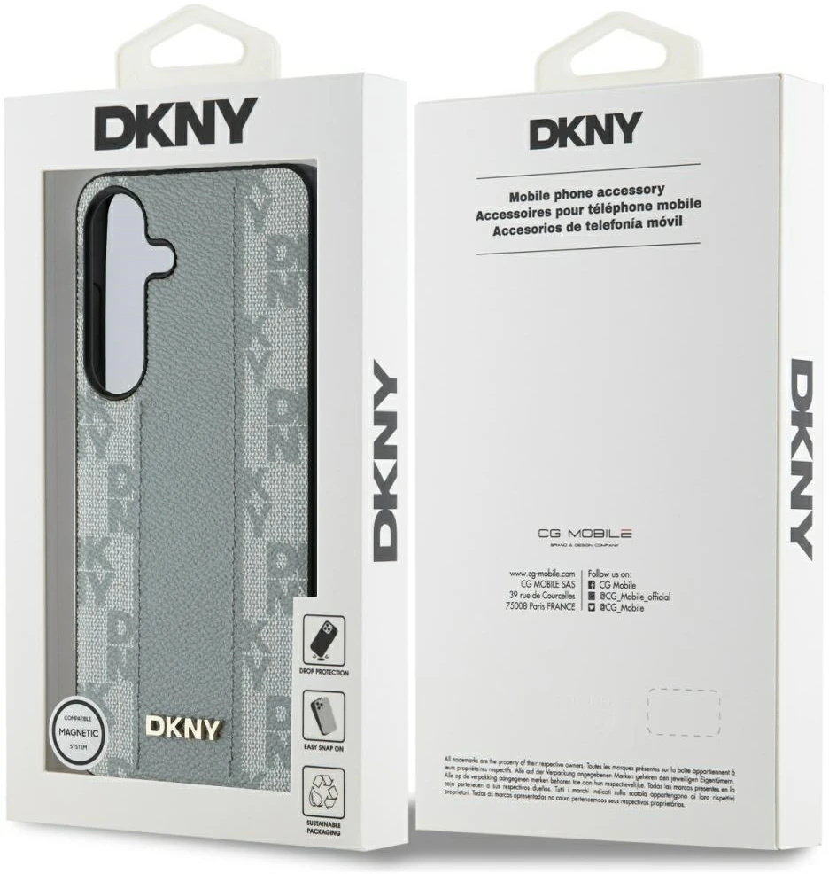 Dėklas DKNY odinis languotas MagSafe Samsung Galaxy S25 pilkšvas