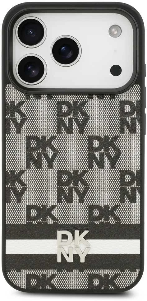 DKNY PU Leather Checkered Pattern and Stripe dėklas skirtas Apple iPhone 17 Pro juodos spalvos