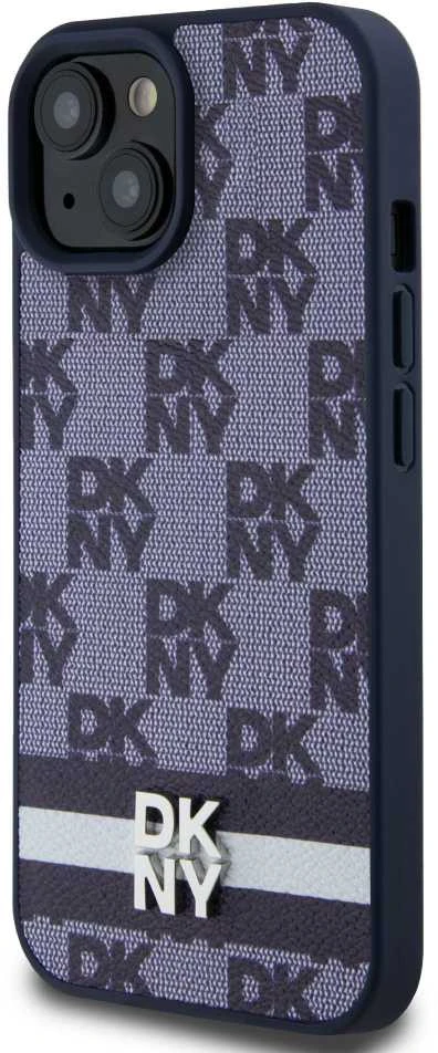 DKNY PU Leather Checkered Pattern and Stripe dėklas telefonui Apple iPhone 15 mėlynos spalvos