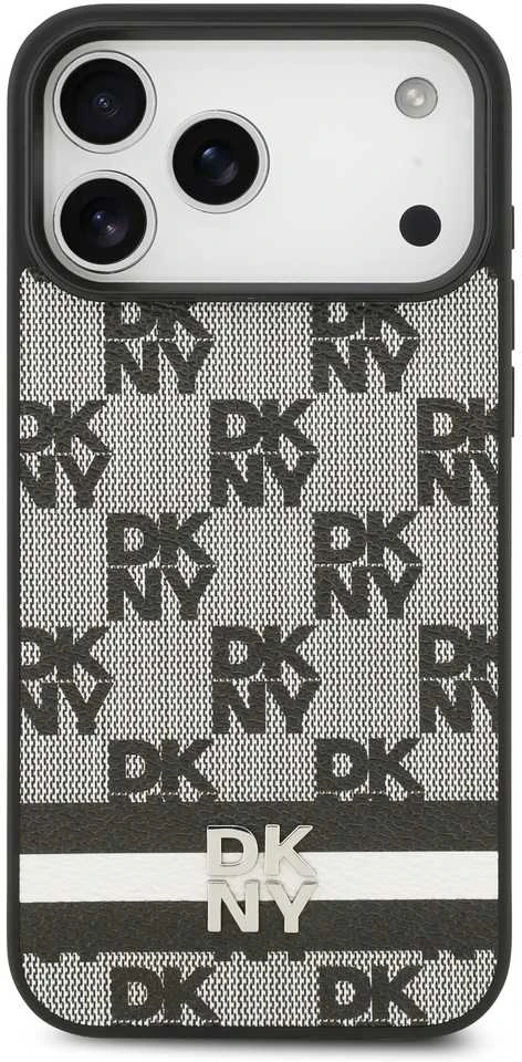 DKNY PU Leather Checkered Pattern and Stripe dėklas skirtas Apple iPhone 17 Pro Max juodos spalvos